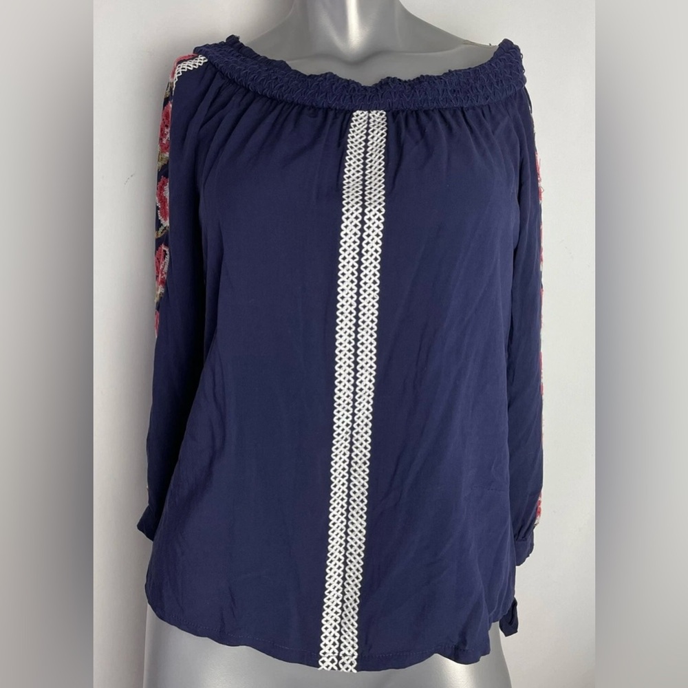Solitaire Navy Blue Floral Embroidered Women's Top M - Picture 6 of 12